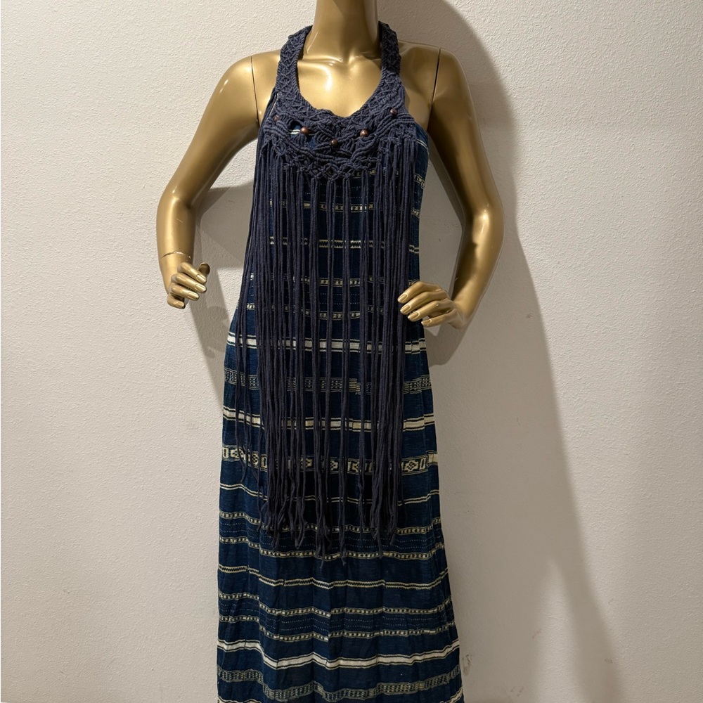 Denim & Supply Ralph Lauren Blue and White Pleated Halter Maxi Dress